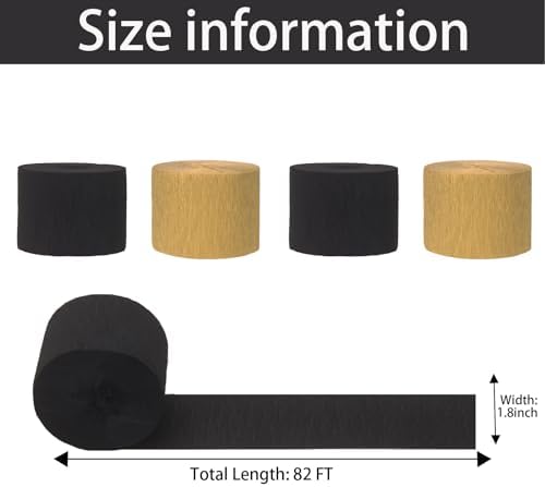 4 Rolls 328 Ft Gold and Black Crepe Paper Streamers for Parties