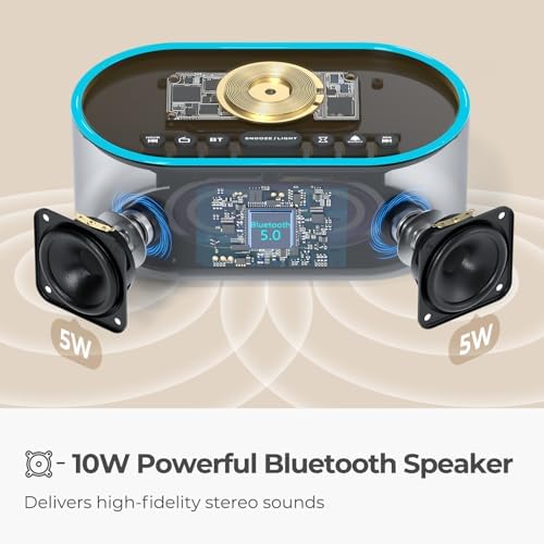 Bluetooth FM Radio Alarm Clock with 10W Speaker and Wireless Charging