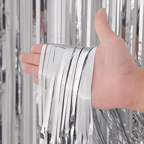 3 Pack 33x82 Feet Silver Foil Fringe Backdrop Curtains
