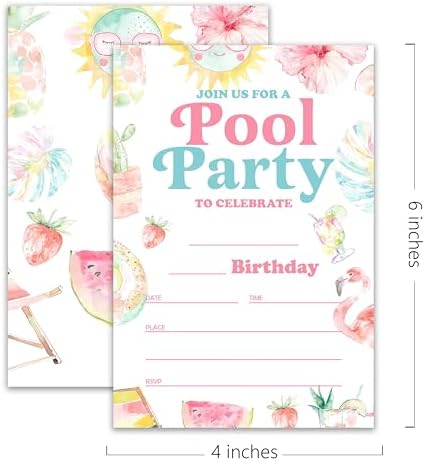 Summer Pool Birthday Invitations 20 Cards 4x6 with Envelopes