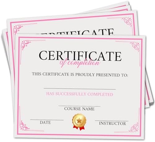 25 Pink Completion Certificates for Awards and Recognition