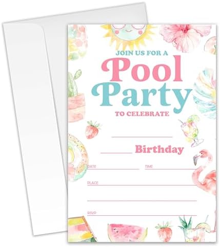 Summer Pool Birthday Invitations 20 Cards 4x6 with Envelopes