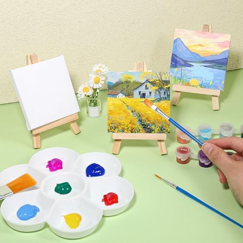 24 Pack Mini Canvases 3x3 Inch with Easel Set for Art