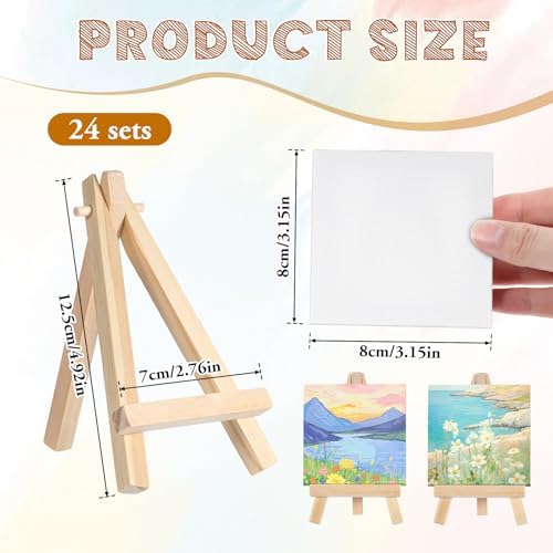 24 Pack Mini Canvases 3x3 Inch with Easel Set for Art