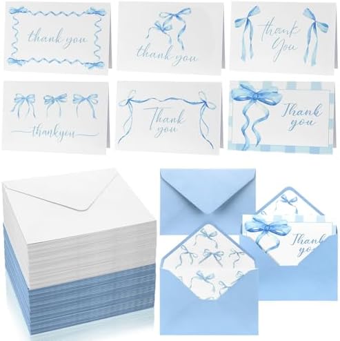 60 Blue Bow Thank You Cards with Envelopes 4x6