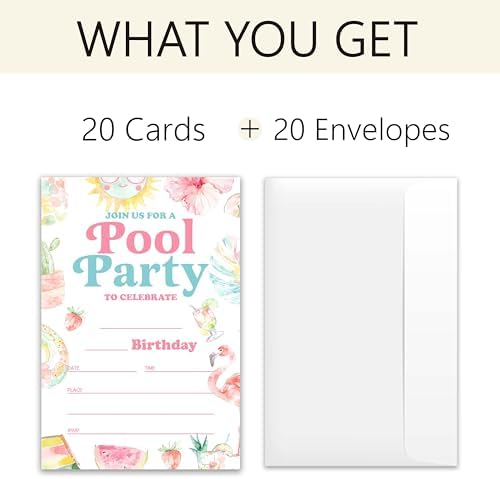 Summer Pool Birthday Invitations 20 Cards 4x6 with Envelopes