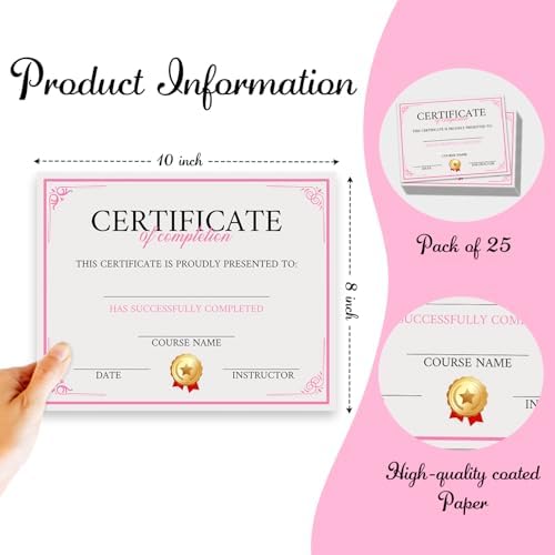 25 Pink Completion Certificates for Awards and Recognition
