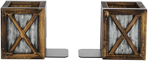 MyGift Rustic Burnt Wood Bookends with Galvanized Metal Accent 1 Pair