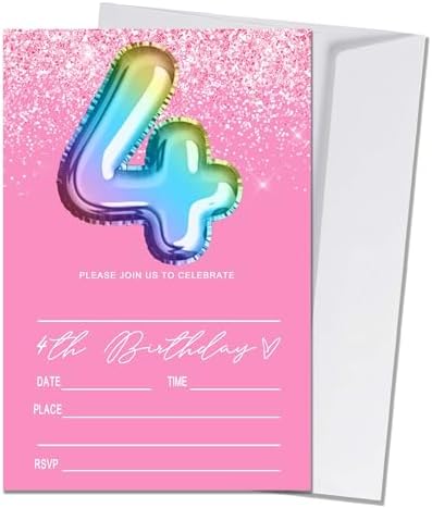 Pink 4th Birthday Invitation Cards 20 Pieces With Envelopes