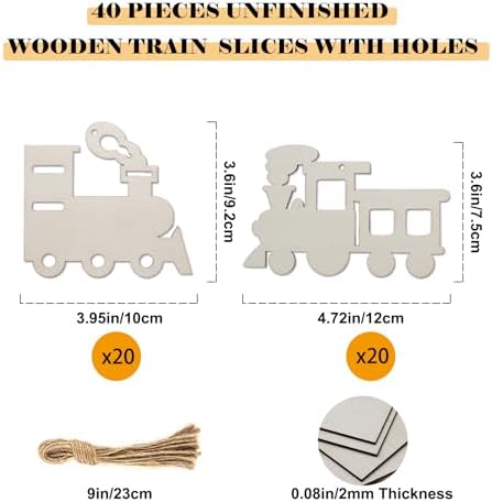40 Pcs Unfinished Wooden Train Ornaments for Crafts