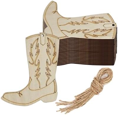 20pcs Wood Cowboy Boots DIY Cutouts Hanging Ornaments with Jute Twine