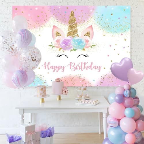 Mocsicka Unicorn Birthday Backdrop 5x3ft Pastel Rainbow Glitter