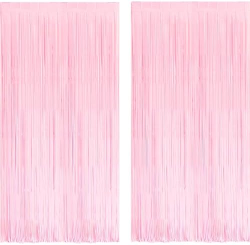 BRAVESHINE Pastel Pink Foil Fringe Curtains - 2 Pack Photo Backdrop