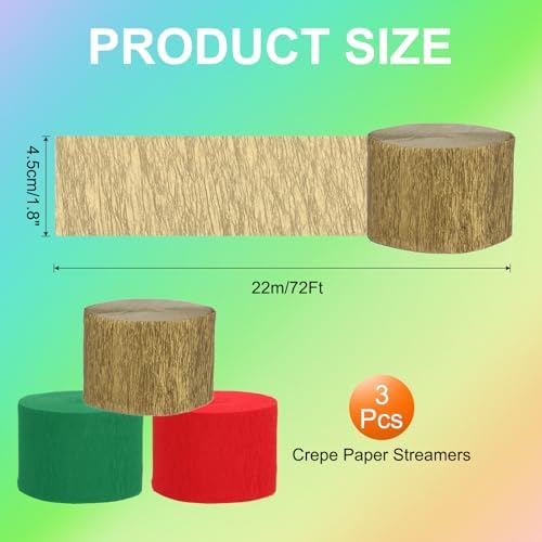 PATIKIL Crepe Paper Streamers Gold Red Green 72ft Roll