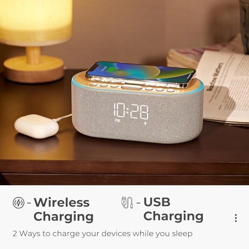 Bluetooth FM Radio Alarm Clock with 10W Speaker and Wireless Charging