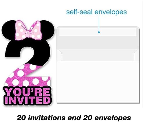 Brayqu 2nd Birthday Shaped Invitations Pink Glitter Mouse 20 Cards with Envelopes