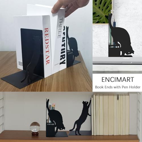 Cat Book Ends with Pen Holder for Desk and Bookshelf