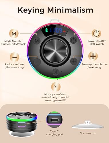 Bluetooth Shower Speaker Waterproof with RGB Lights and FM Radio