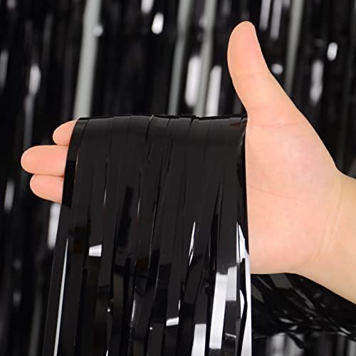 Melsan Black Foil Fringe Backdrop Curtains - 32 x 8 ft Pack of 2