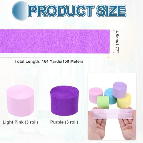 MECCANIXITY Crepe Paper Streamers 6 Rolls 492ft Light Pink Purple