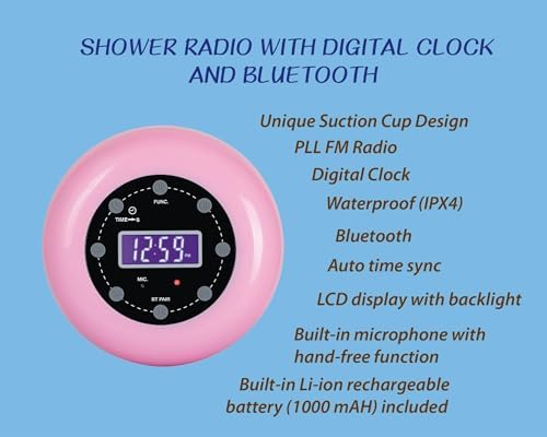 HANNLOMAX HX-159CR Shower Clock Radio with Bluetooth and LCD Display Pink
