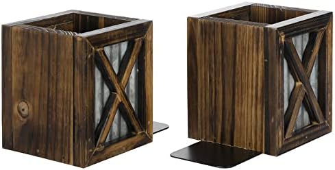 MyGift Rustic Burnt Wood Bookends with Galvanized Metal Accent 1 Pair