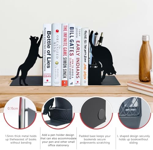 Cat Book Ends with Pen Holder for Desk and Bookshelf
