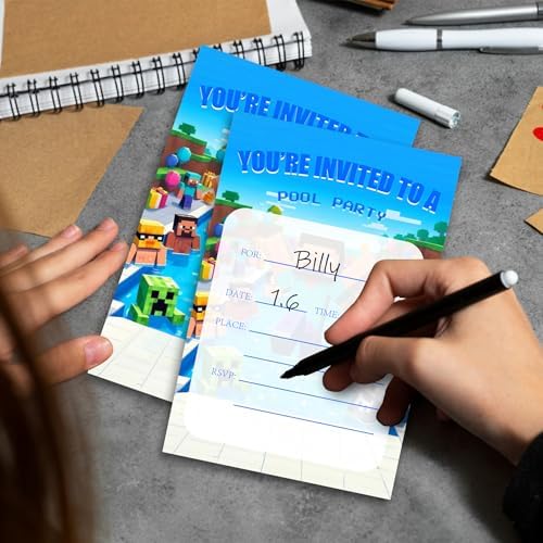 Gaming and Pool Party Birthday Invitations 20 PCS with Envelopes