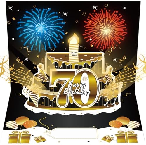 70th Birthday 3D Pop Up Cake Card with Fireworks and Music