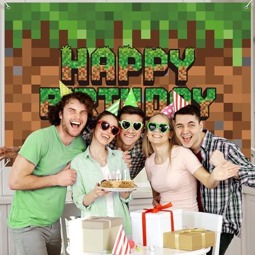 Green and Brown Video Game Themed Birthday Backdrop Banner