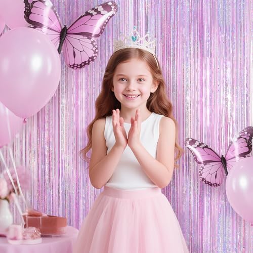 2 Pack Pink Tinsel Foil Fringe Party Backdrop Curtains 32x82ft