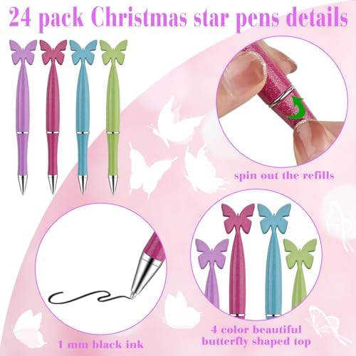 24 Pack Black Butterfly Pens with Glitter for Women and Office Use