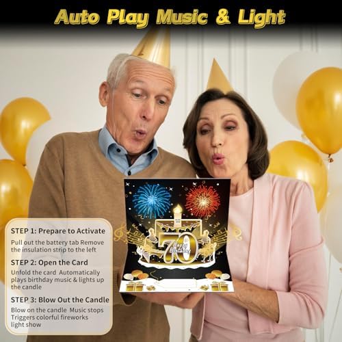 70th Birthday 3D Pop Up Cake Card with Fireworks and Music