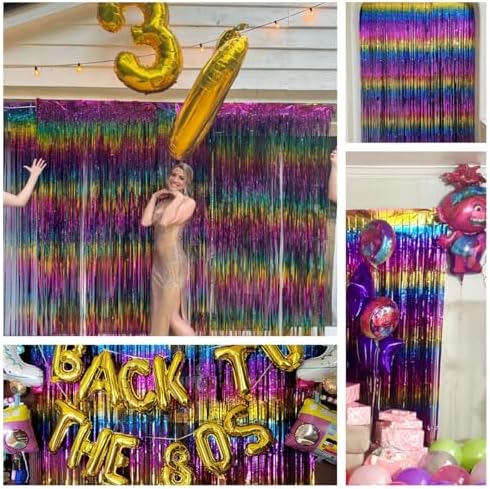 Rainbow Metallic Tinsel Foil Fringe Curtains 2 Packs