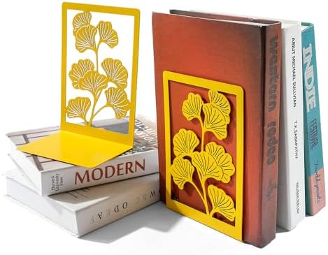 2Pcs Ginkgo Leaf Metal Book Ends - Golden Yellow Design