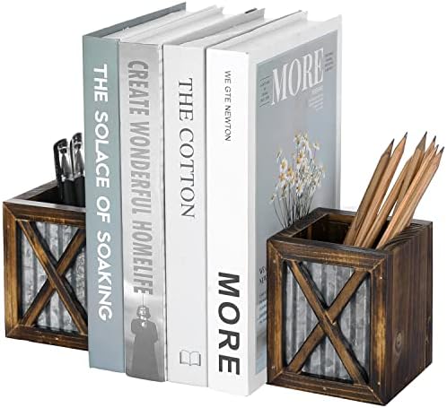MyGift Rustic Burnt Wood Bookends with Galvanized Metal Accent 1 Pair