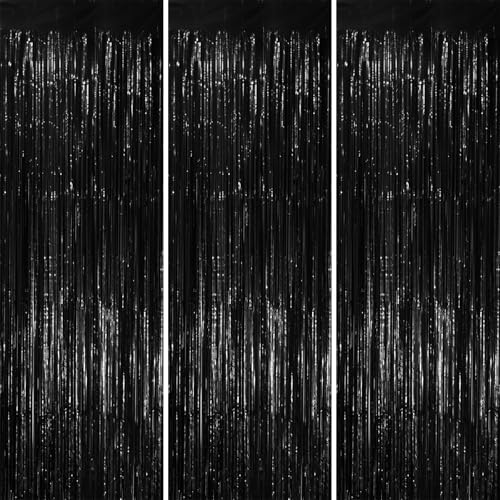 3 Pack Foil Fringe Curtains 33x82 Feet Black Backdrop for Parties