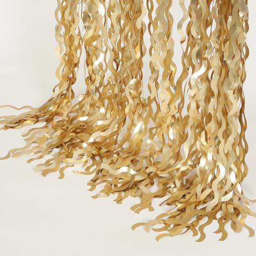 4 Pack Wavy Champagne Gold Metallic Tinsel Curtain Backdrop for Parties