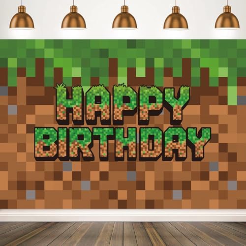 Green and Brown Video Game Themed Birthday Backdrop Banner