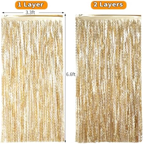 4 Pack Wavy Champagne Gold Metallic Tinsel Curtain Backdrop for Parties