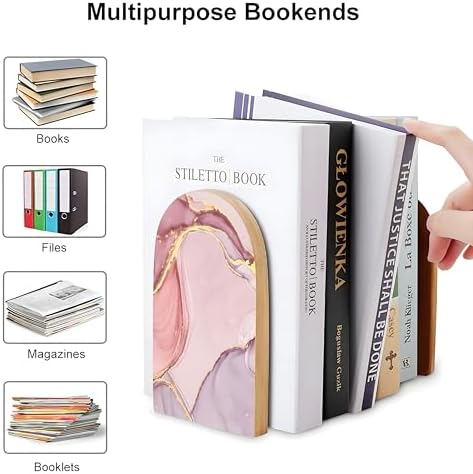 2PCS Pink Marble Bookends for Shelves and Desk