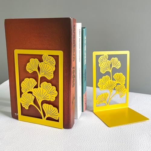 2Pcs Ginkgo Leaf Metal Book Ends - Golden Yellow Design