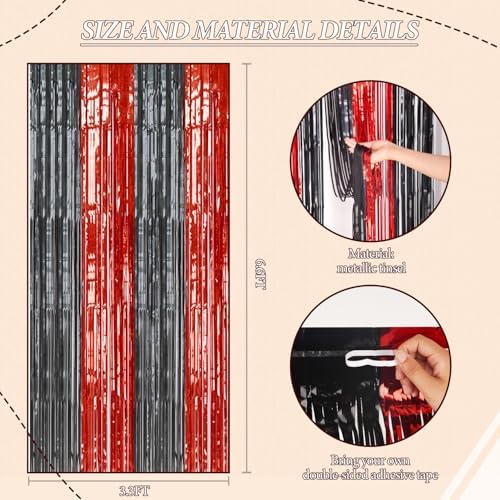 2 Pack Foil Fringe Backdrop Red Black Shiny Tinsel Curtains