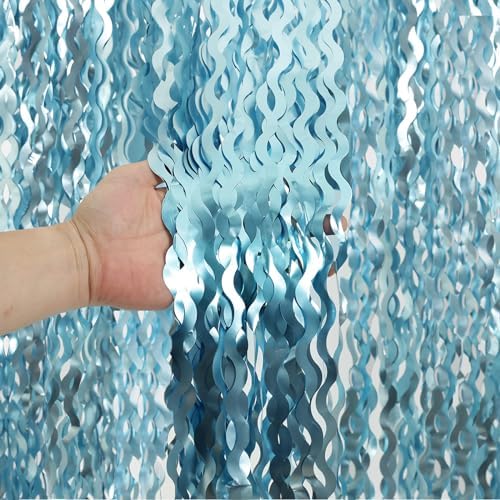 4 Pack Wavy Blue Foil Fringe Curtains 33x66ft Ocean Backdrop