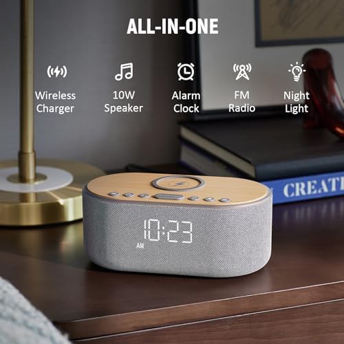 Bluetooth FM Radio Alarm Clock with 10W Speaker and Wireless Charging
