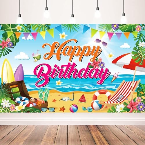 Aushenke Summer Beach Birthday Backdrop Banner 71x43 Inches