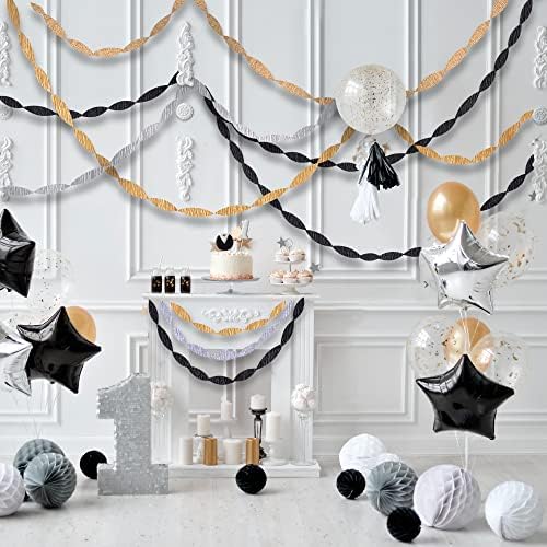 Qouui 6 Rolls Black and Gold Streamers Crepe Paper Kit