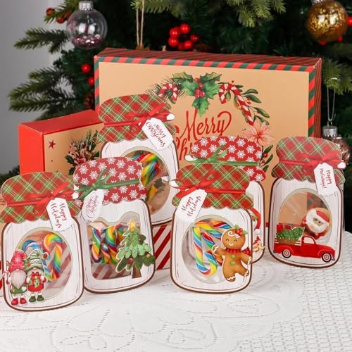 Giiffu 48 Pack Christmas Mason Jar Cards with Clear Treat Bags