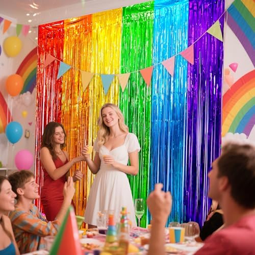 KAWKALSH Rainbow Foil Fringe Curtains 2 Pack