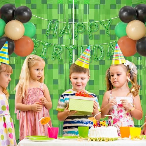 2 Pcs Pixel Green Miner Theme Tinsel Curtains